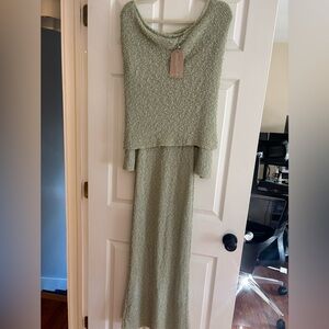 Meshki boucle green off the shoulder dress